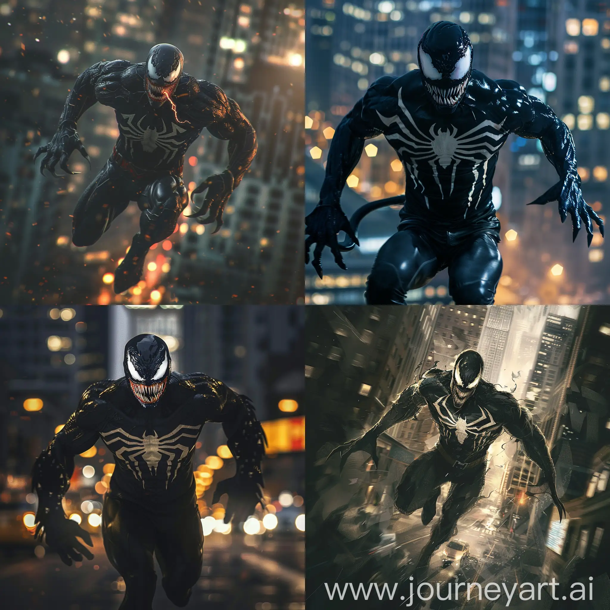 Venom in an Anonymous mask runs through the night city