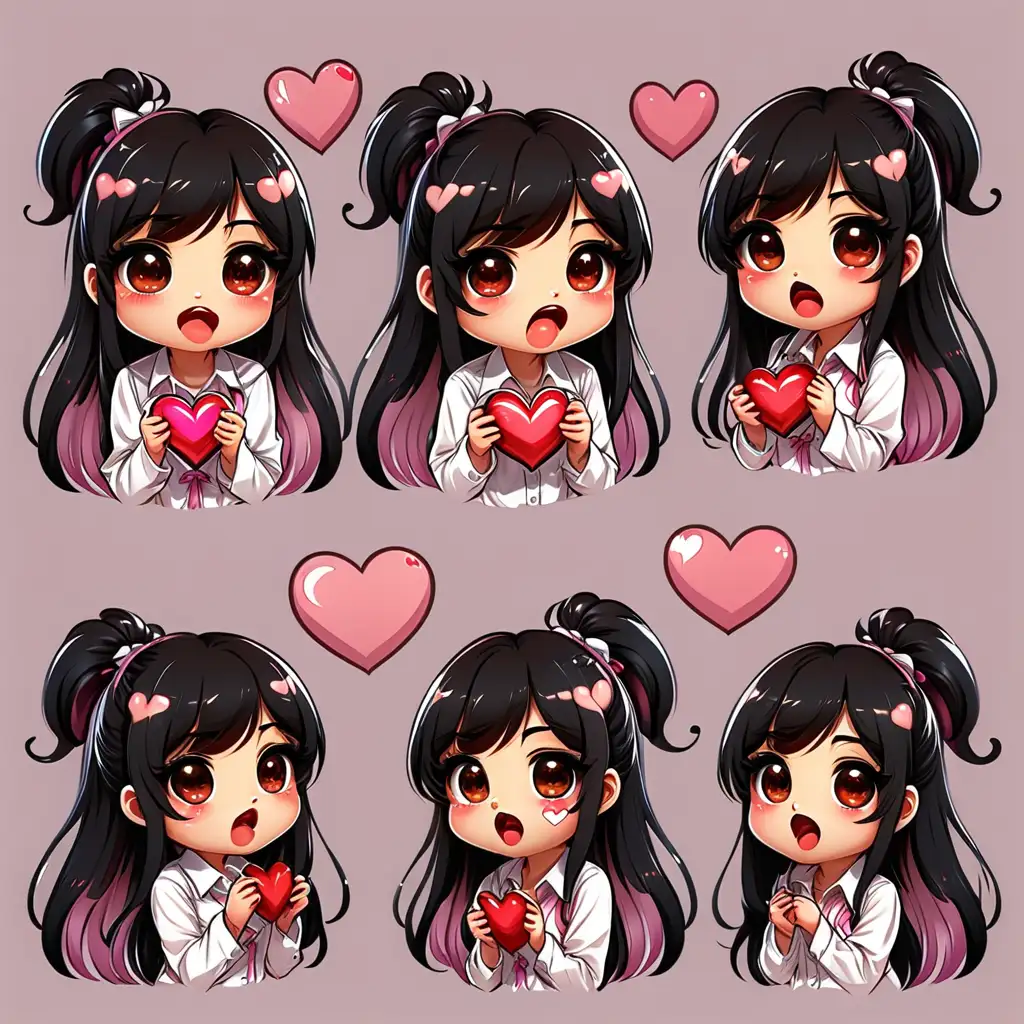Chibi Style Twitch Emotes Expressive Girl with Long Flowing Hair and Heart