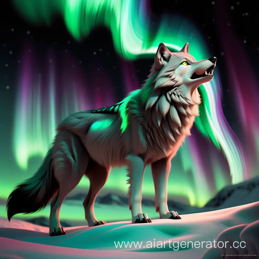 Волк с длинным хвостом который плавно превращается в северное сияние