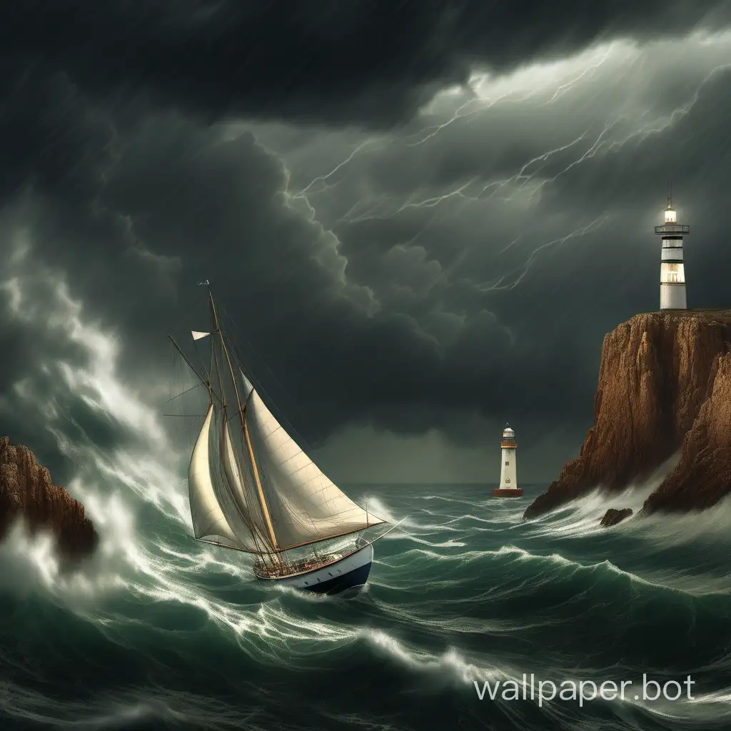 A yacht in a stormy sea under a stormy sky sails towards a lighthouse on a cliff