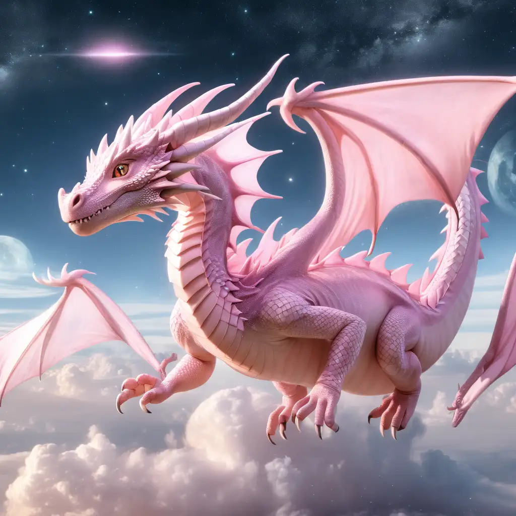 Light pink female young dragon floating in the celestial skies.
