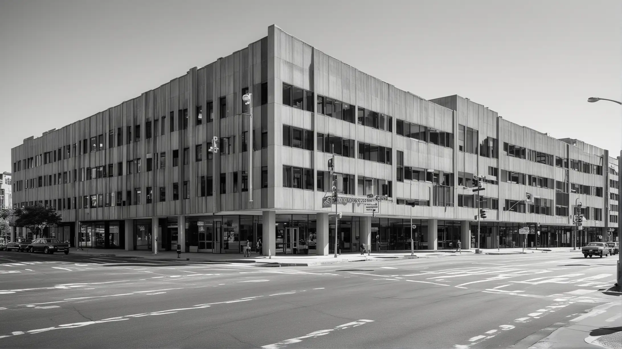 Mid-Century Modern Office Building at a major city intersection. Monochrome.