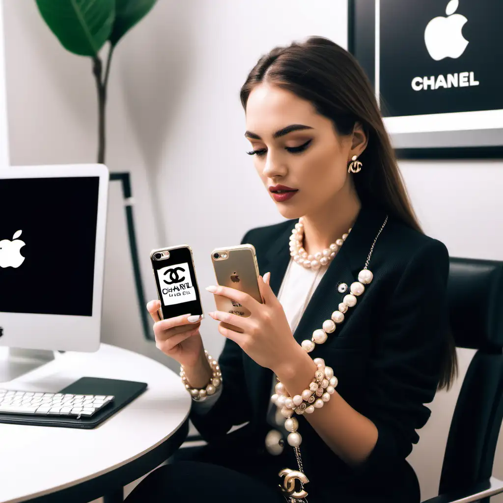 a beautiful women on her apple iphone with a cute chanel case on, trying to face time someone while sitting there, in her office