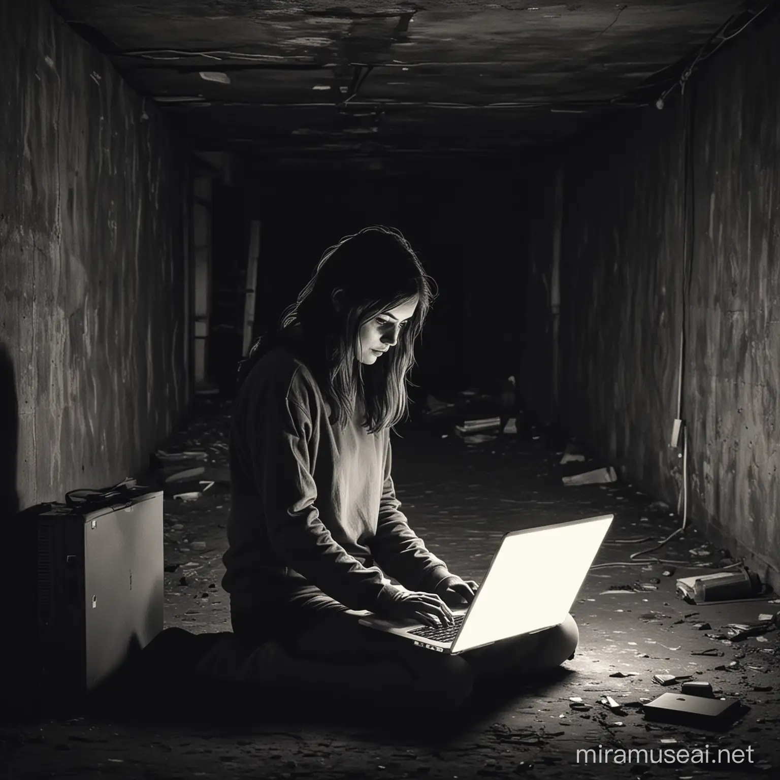 dibuja a una persona con una laptop en un sotano oscuro
