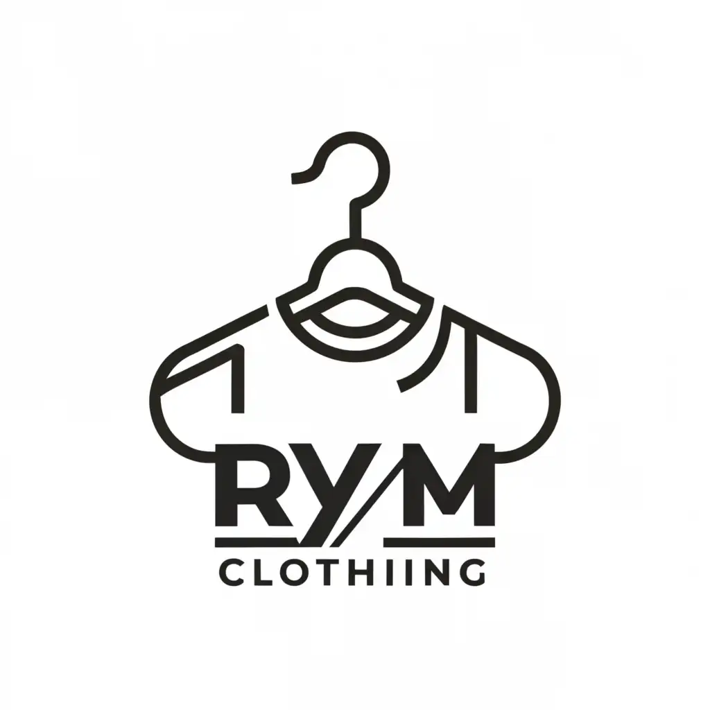 a logo design,with the text "RYM Clothing", main symbol:Hanger with Tshirt and Cap,Minimalistic,clear background