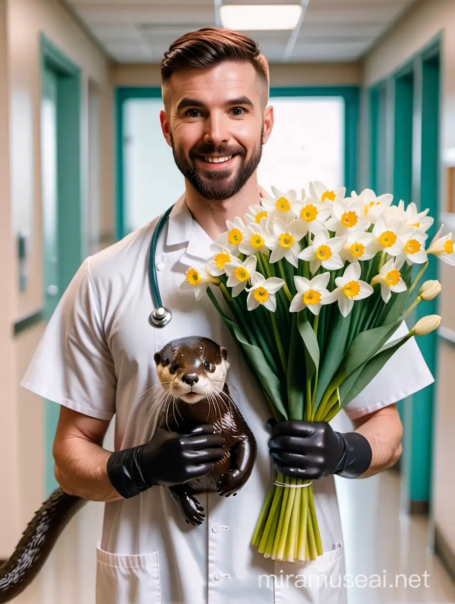 Cinematic Otter Nurse Holding White Daffodils in Hospital Interior