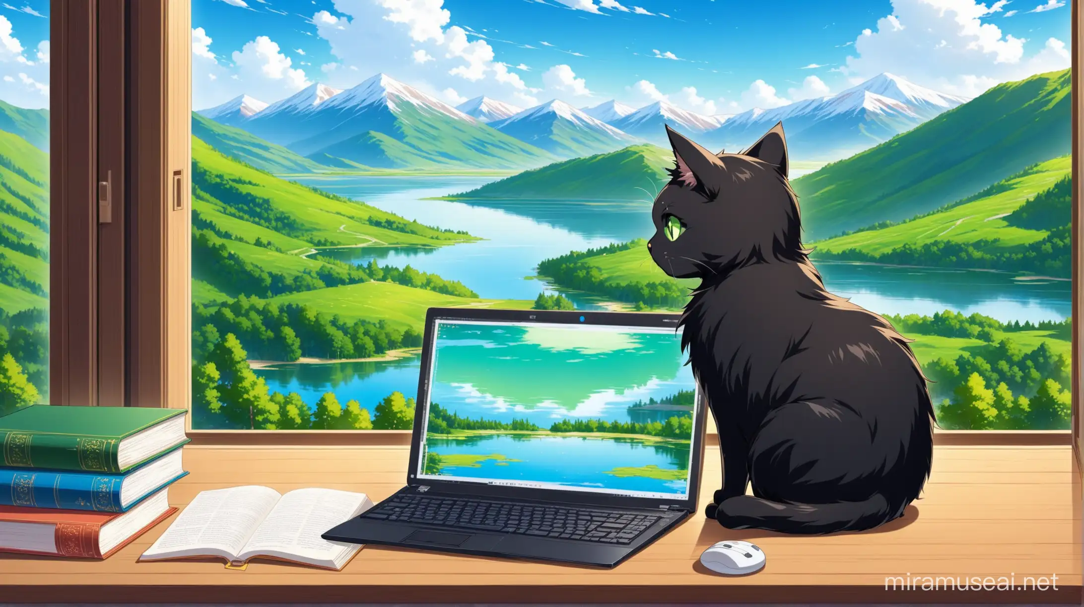 The black-furred, green-eyed cat studies with a computer and books on the table. In the environment where the cat is located, there are lakes, mountains, hills, sky views and trees.