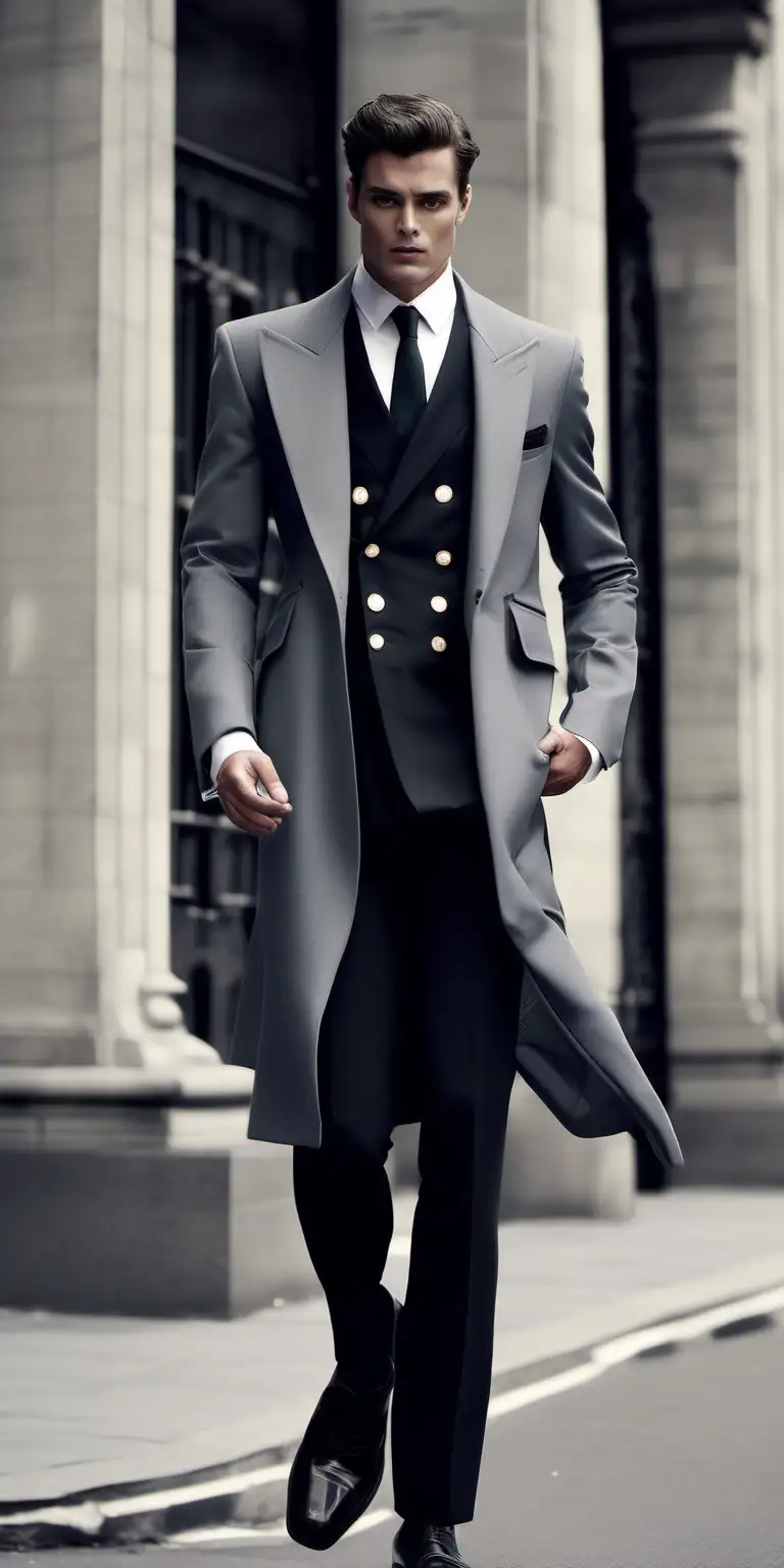 Modern British Haute Couture Black DoubleBreasted Suit with WaistFit Flared Long Jacket