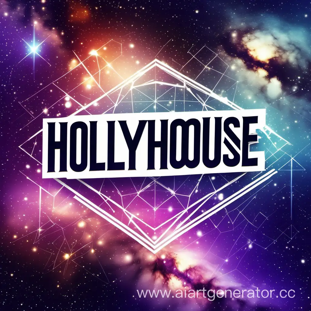 ярко выраженное, в красивом стиле название HoLLyHouse как бренд на красивом фоне галактики с геометрическим лого в размытом стиле со спец эффектами