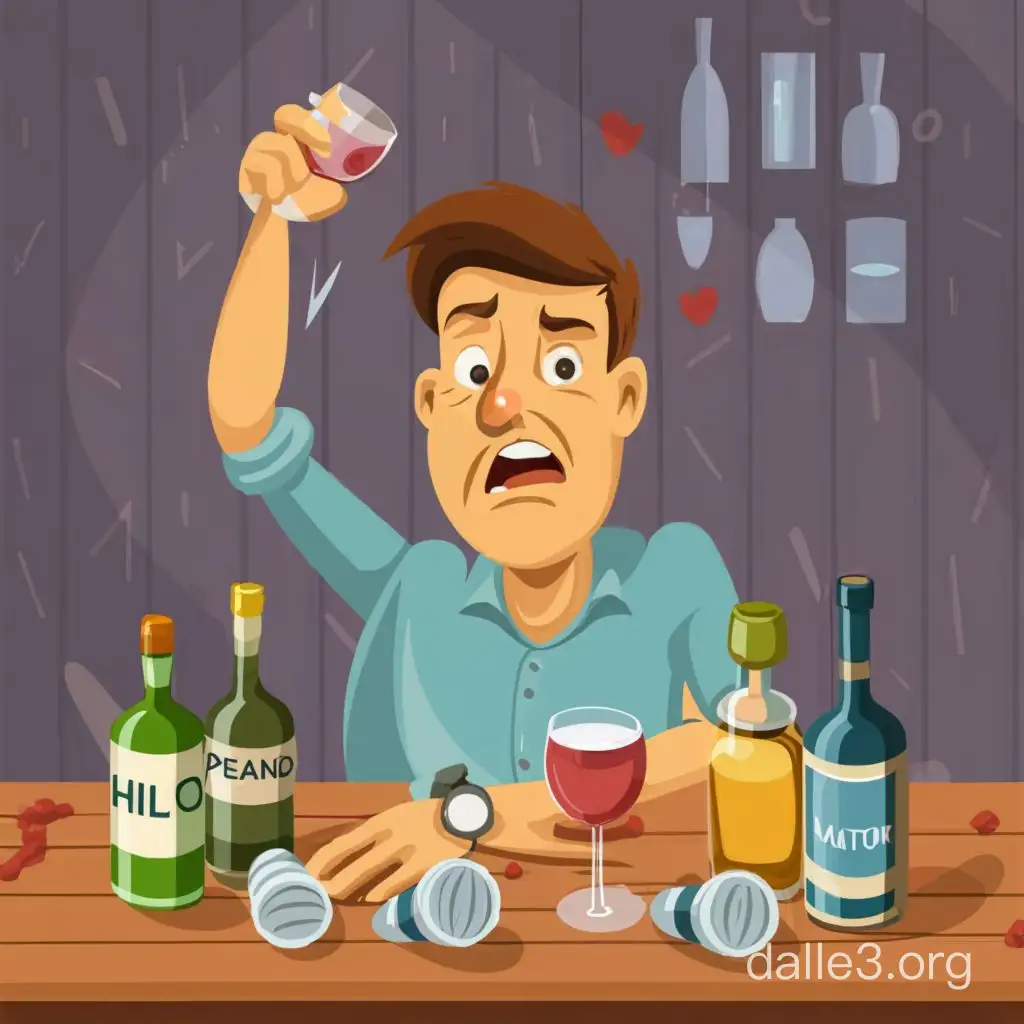 Inebriated Man Surrounded by Libations in Vector Cartoon Style | Dalle3 AI