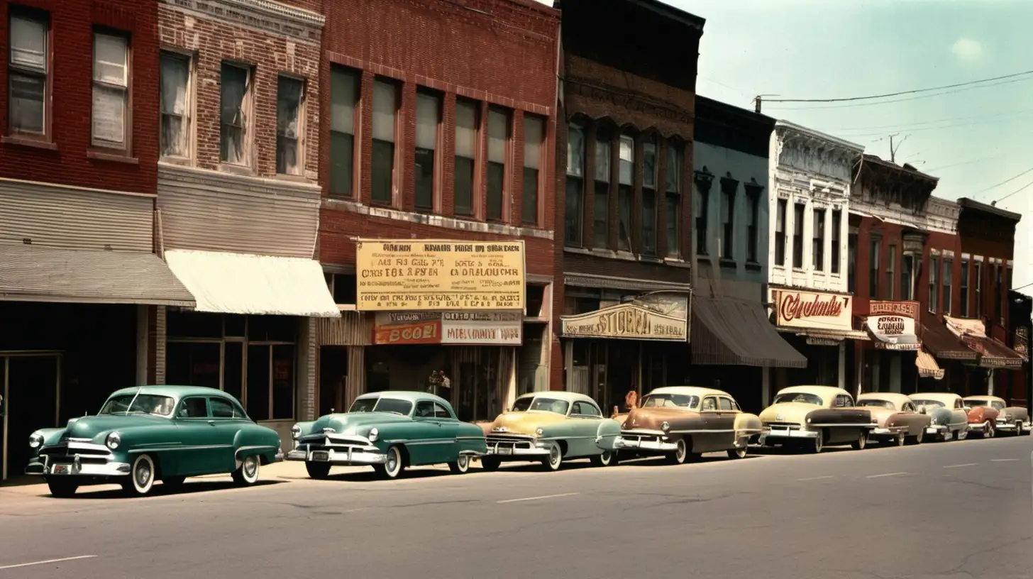 Row of storefronts and sidewalk and parked cars, circa 1950. Full color, photographic quality.