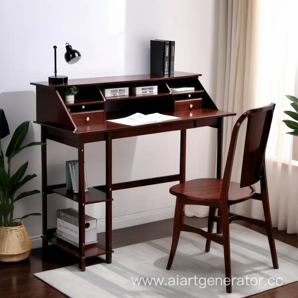 Vintage-Wooden-Writing-Desk-with-Shelves-and-Antique-Stationery