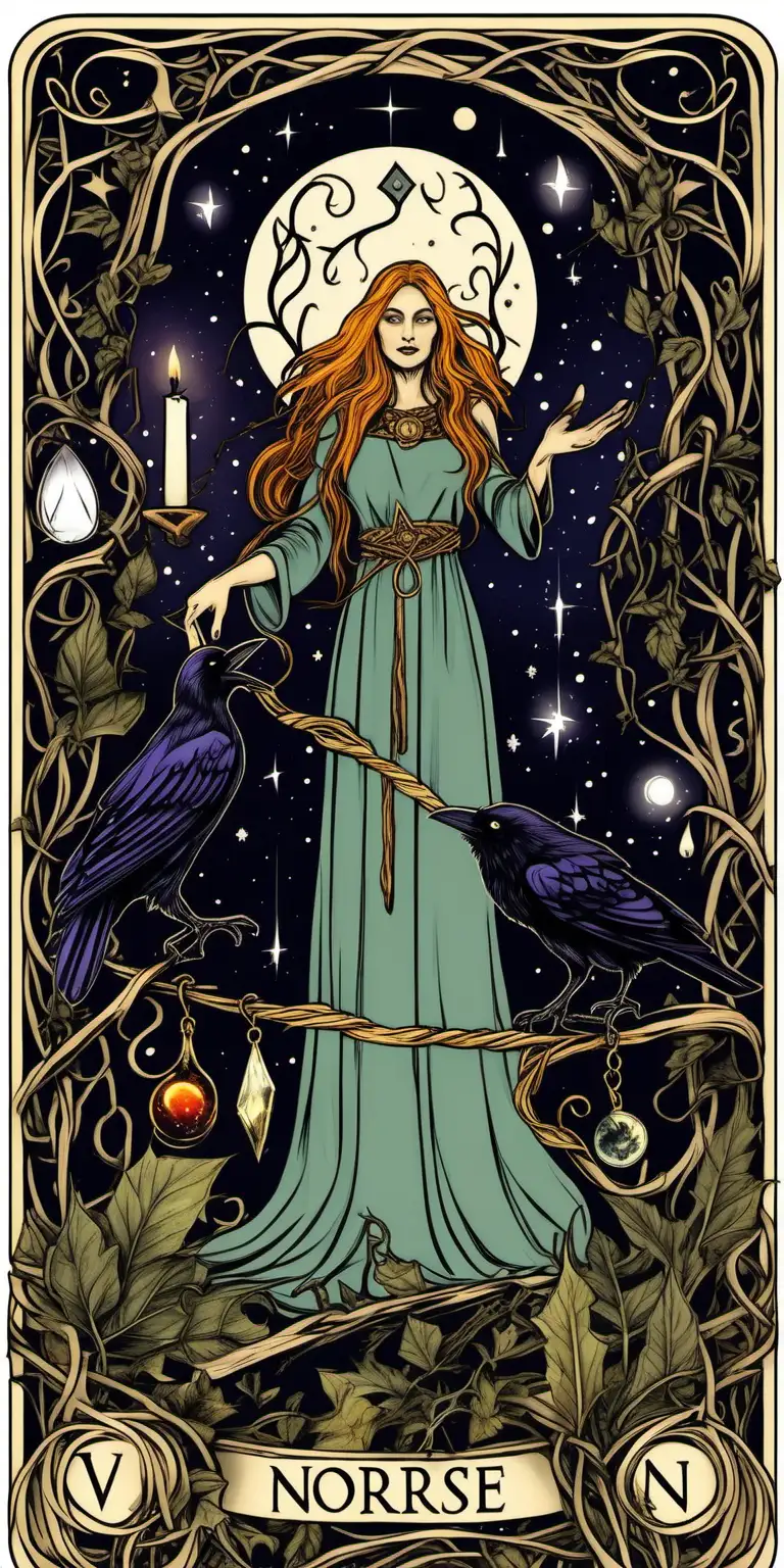 a Norse pagan woman , tarot cards, a crystal  wand, a fire, a raven, a moonlit night. a vine border around the picture