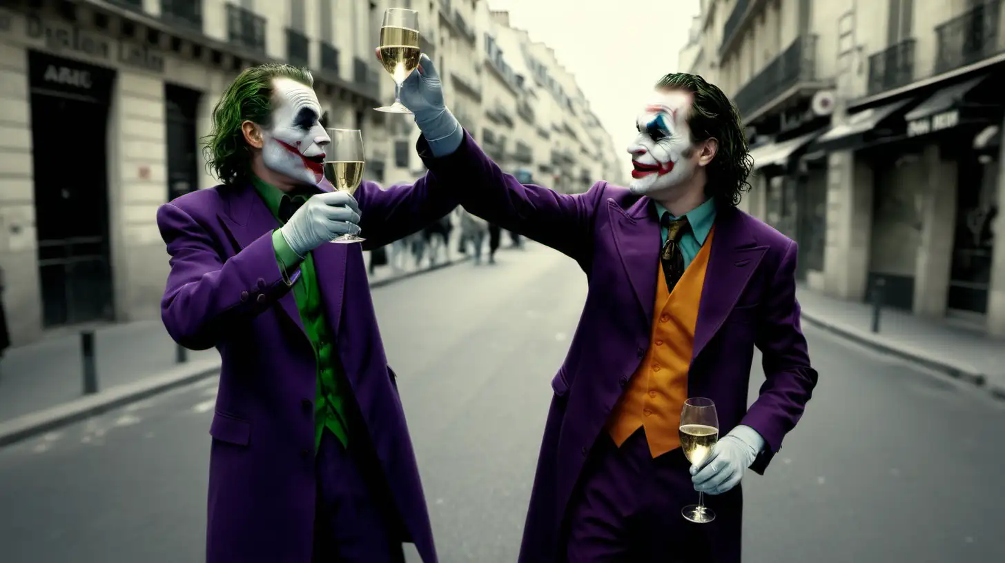 two joker toasting the new year in a Parisian street --ar 2:3 --style raw --v 6