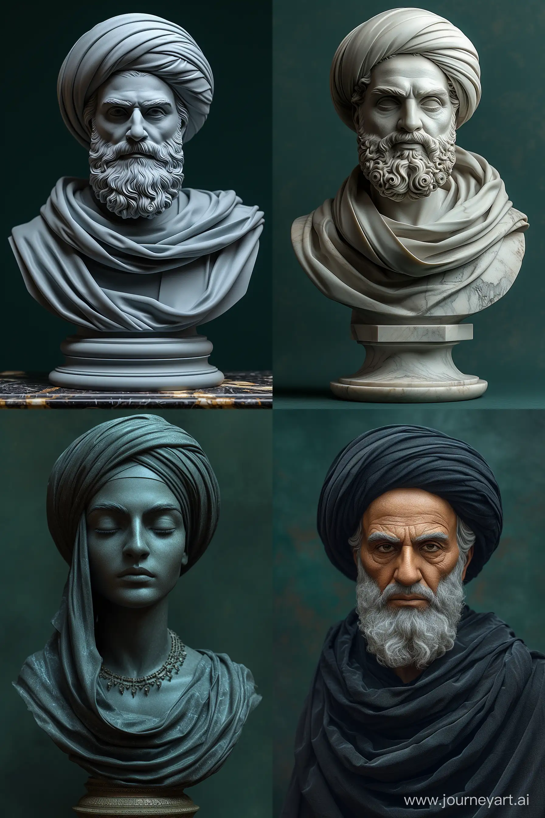 A Sculpture of Alireza JahanBakhsh, Dark Green Background, Bust Style, Headshot Pose, Affinity Designer Software, High Precision --v 6.0 --q 1 --s 1000 --ar 2:3