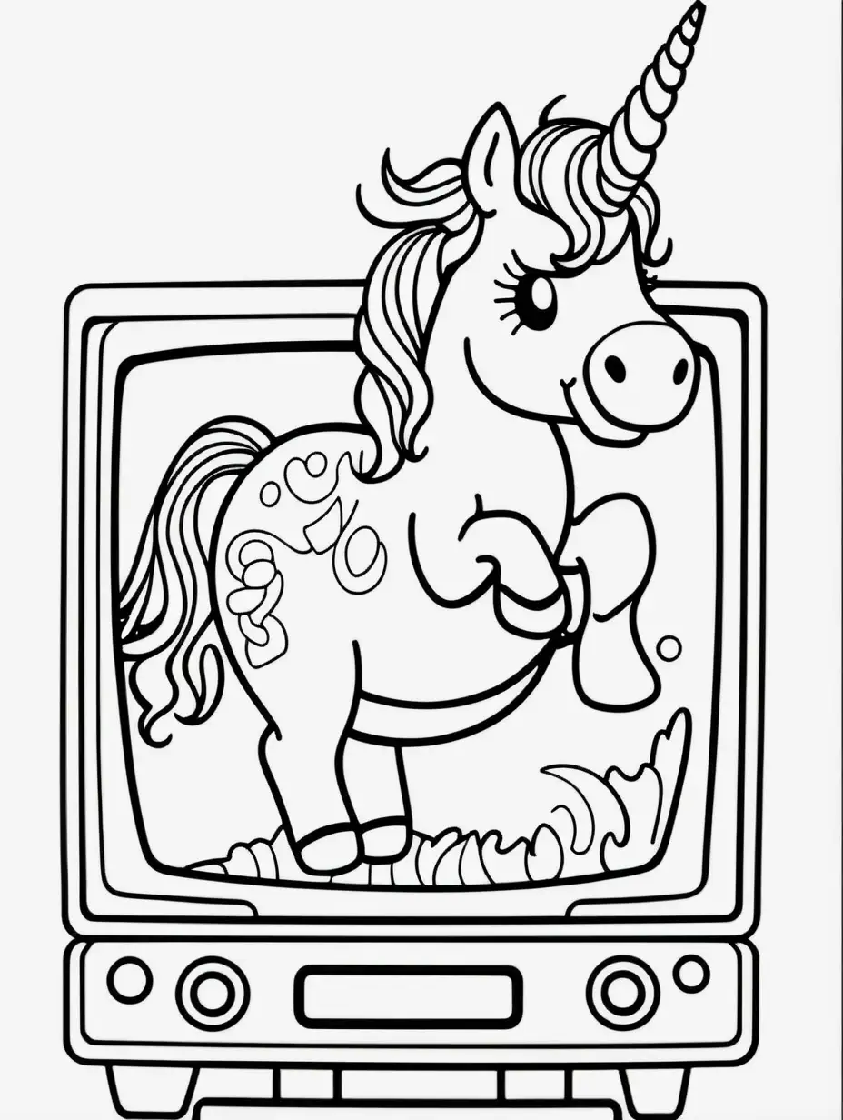   b/w outline art for kids coloring book pages unicorn themed, coloring pages: watching tv screen
(((((white background))))). Only use outline, cartoon style, line art, coloring book, clean line art, line art, few elements