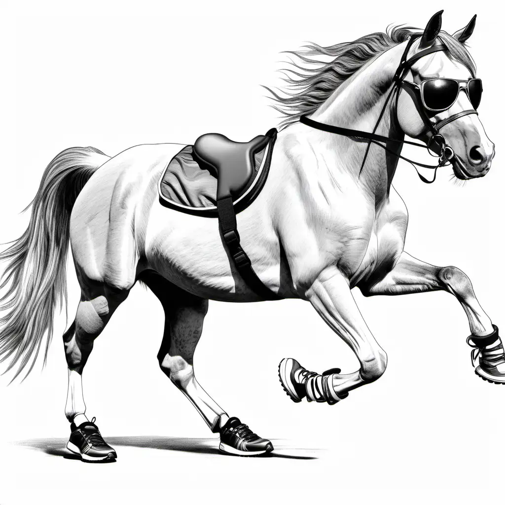 coloring drawing,horse with sunglasses and running shoes
