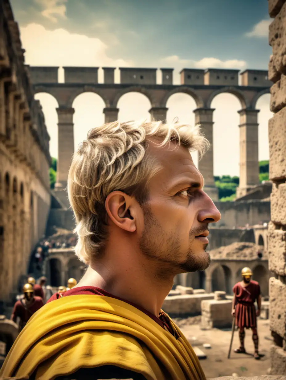 realistic profile picture (front-facing) of a blonde male eclectic ancient roman building overseer (backdrop of a roman aqueducts being built by slaves). tiny bit of yellow in clothing and backdrop