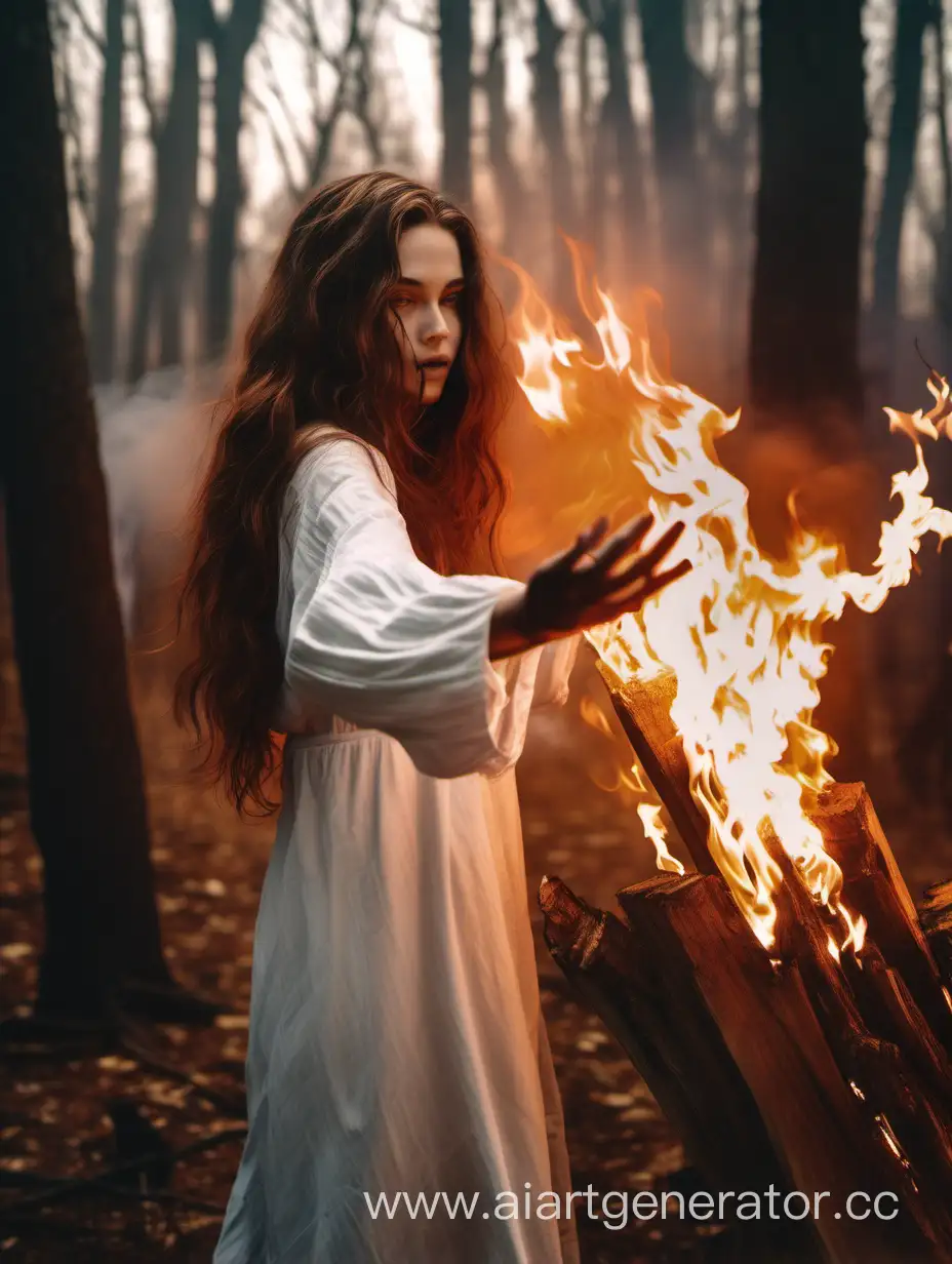 A girl with long brown wavy hair and white skin in forest with taking fire from her hand