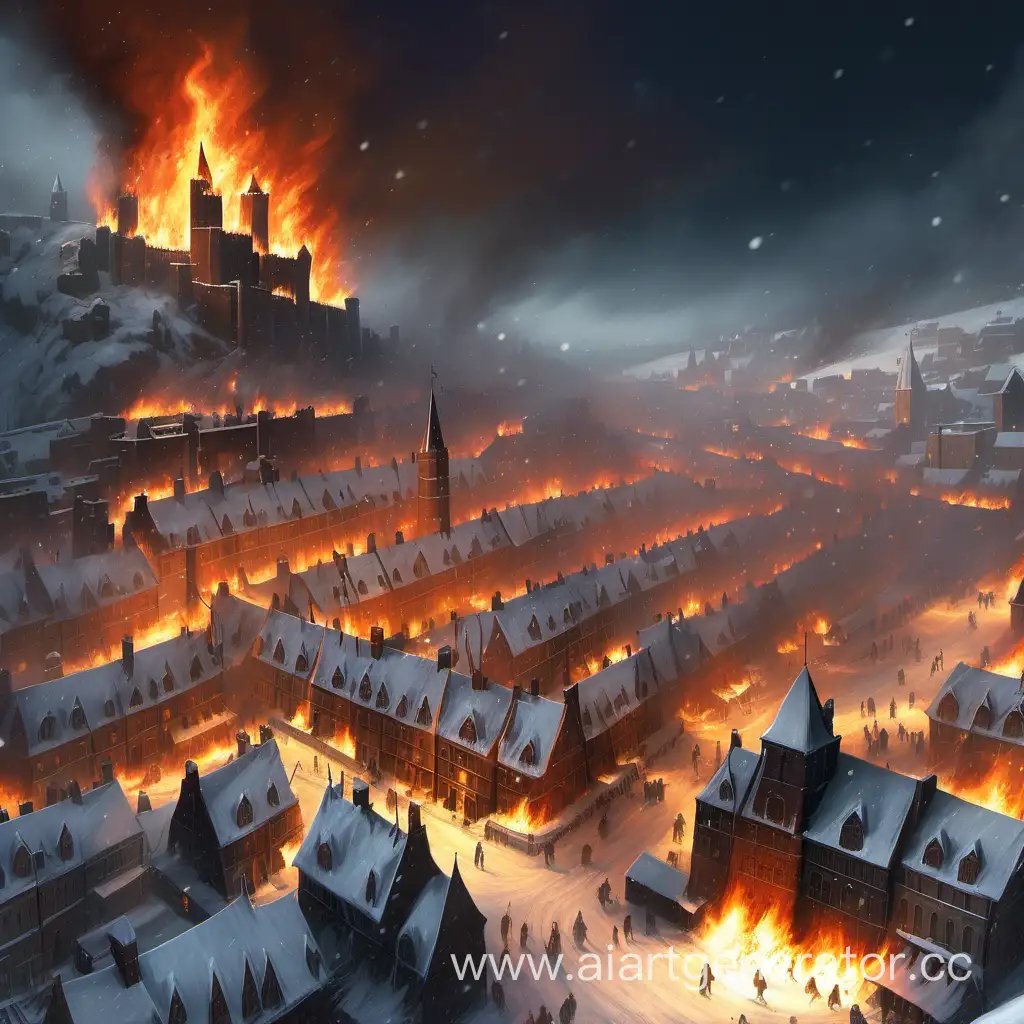 горящий, снежный, средневековый город.
