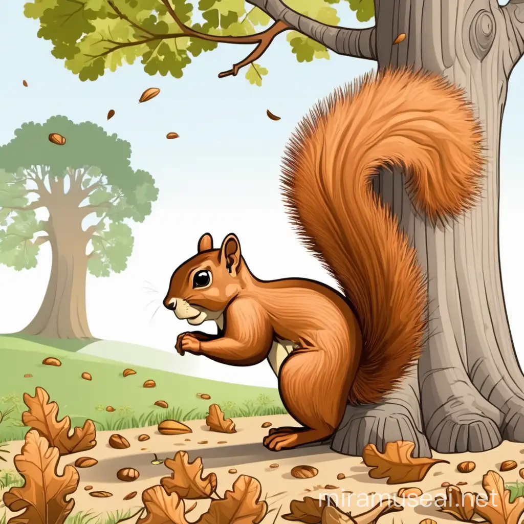 Cheerful Squirrel Playing Around a Majestic Oak Tree Cartoon Illustration
