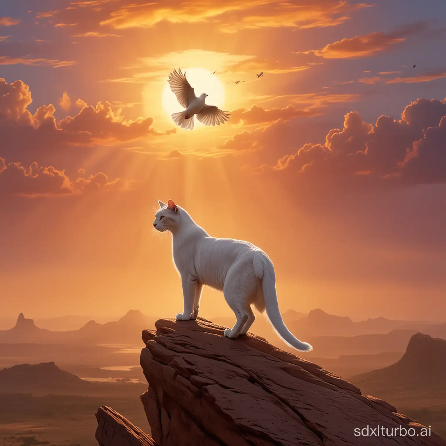 crea una paloma encima de un gato árabe en la roca del rey león
