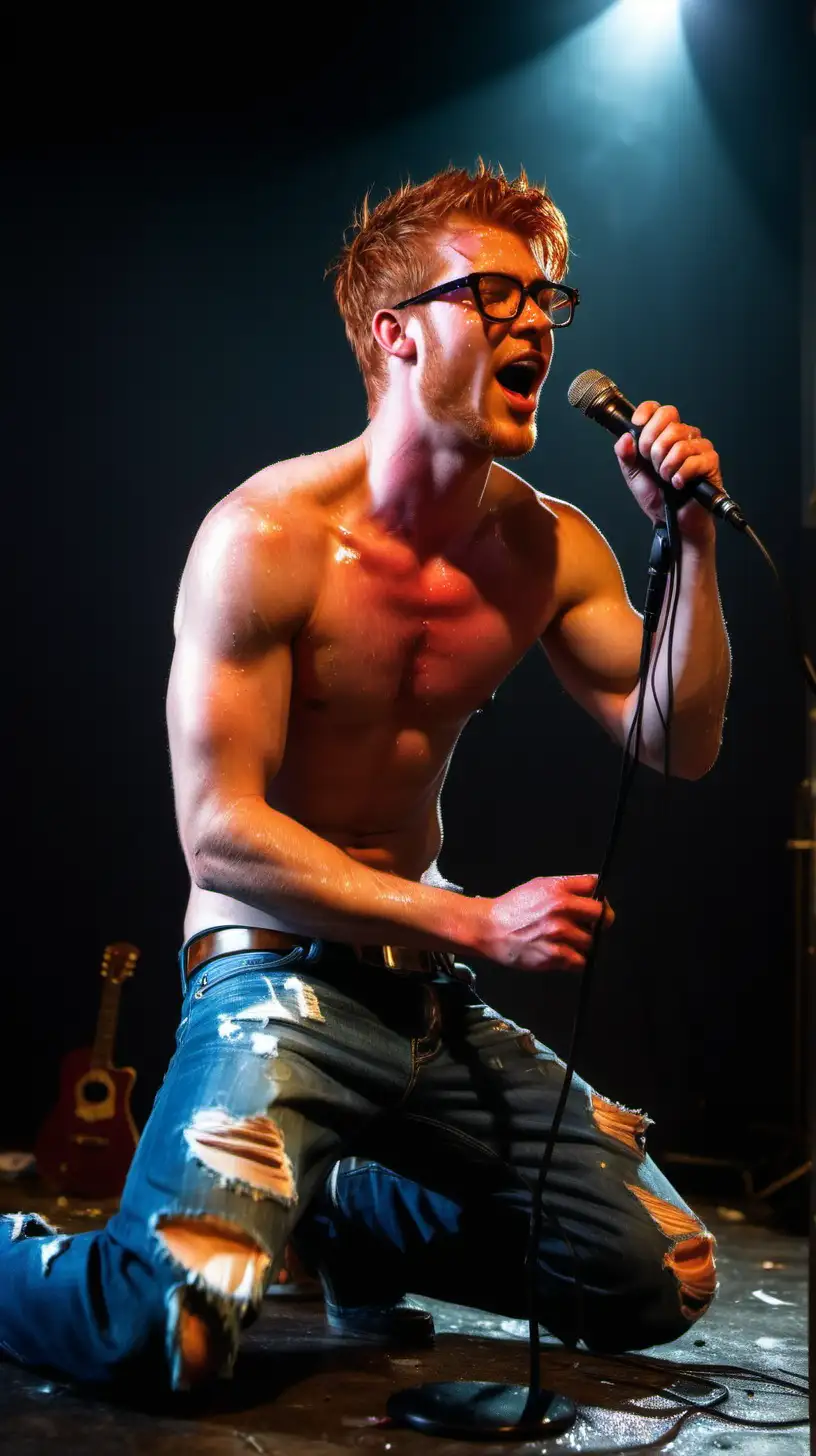 Redhead handsome rockstar glasses, stubbles, shirtless, short hair, muscular, sweaty, oiled up, soaking wet, worn out torn jeans, kneeling, singing a love song, microphone , candle lights