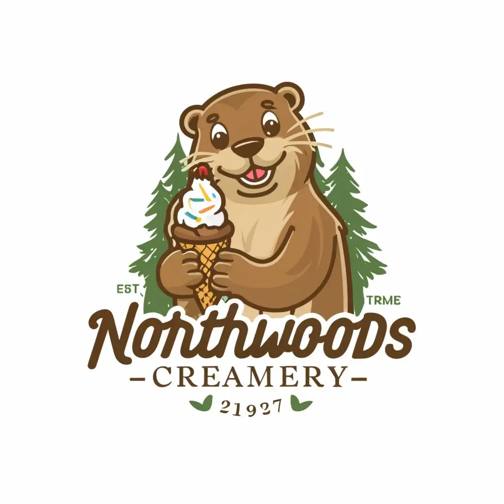 a logo design, with the text 'Northwoods Creamery', main symbol:Otter,white ice cream with sprinkles, trees in background, Moderate, clear background