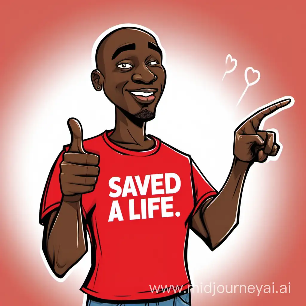 Cartoon Bald black man wearing a red T-shirt pointing forward with one hand with a poker face
Add text to the image "you saved a life"