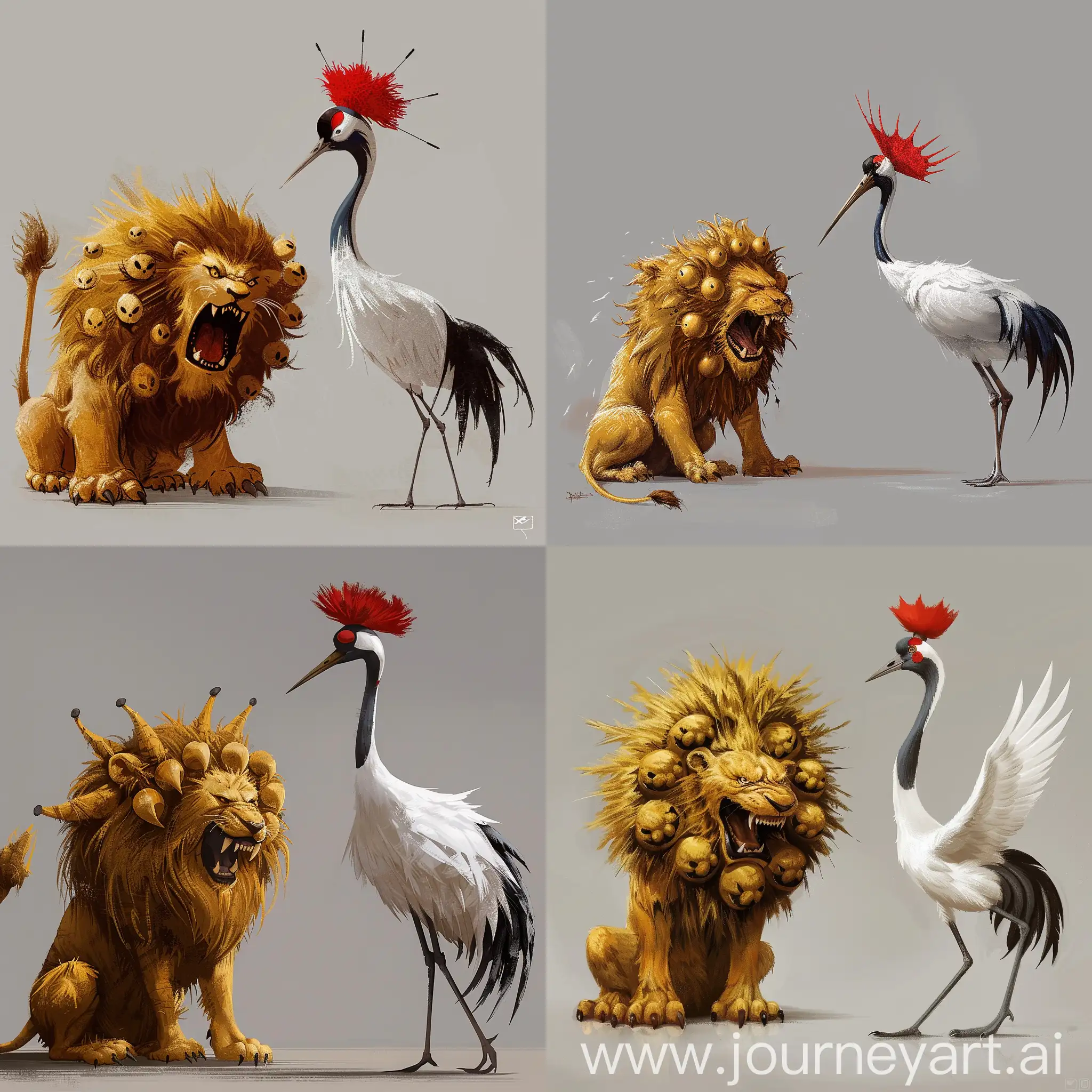 a furry yellow brown color nine-headed lion is crouching on the left side, it is angry,

meanwhile, a red-crowned crane with white feather is on the right side,

the background is pure gray color without anything else,