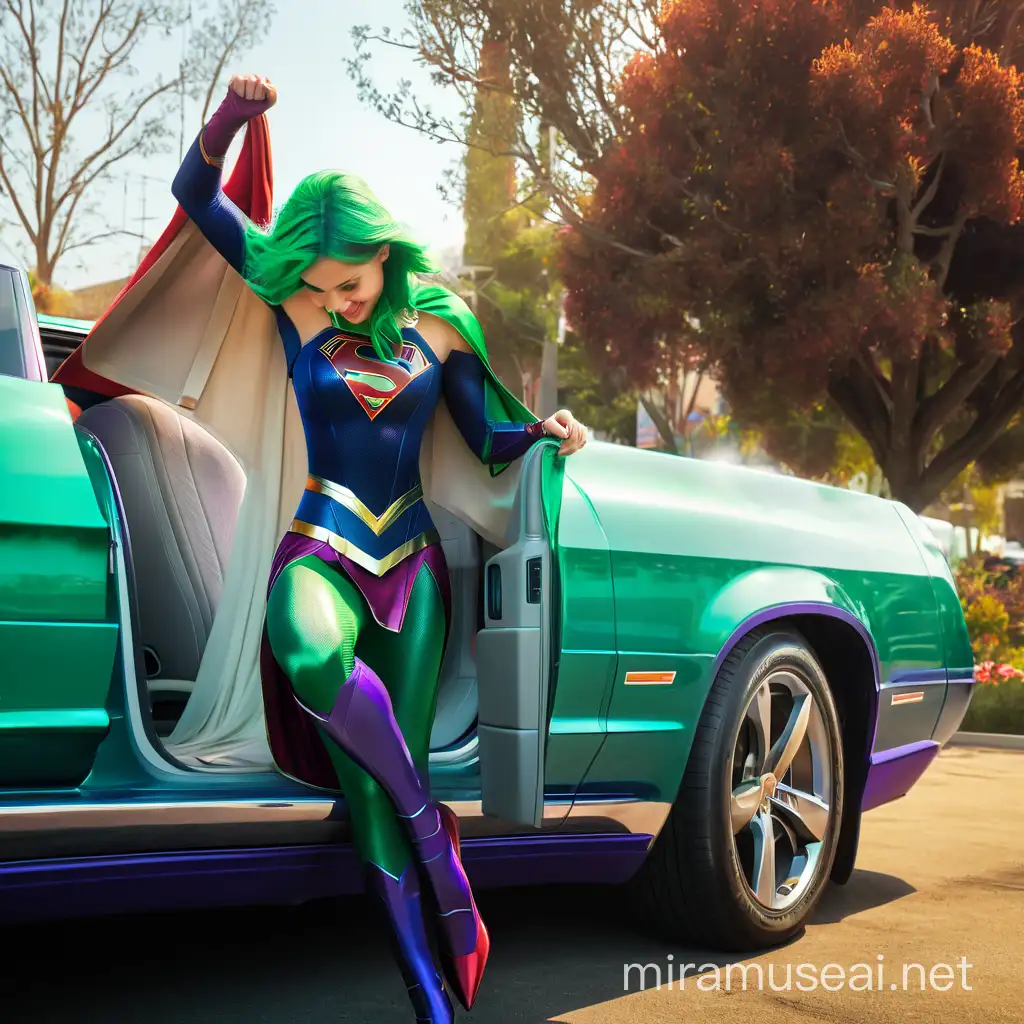 ultra detailed ,8k, birdview, single real look beauty smiling supergirl with purple superhero suit,e cup, long green hair, superlong leg, real look whiten color  thiner  lower front window  long car ,