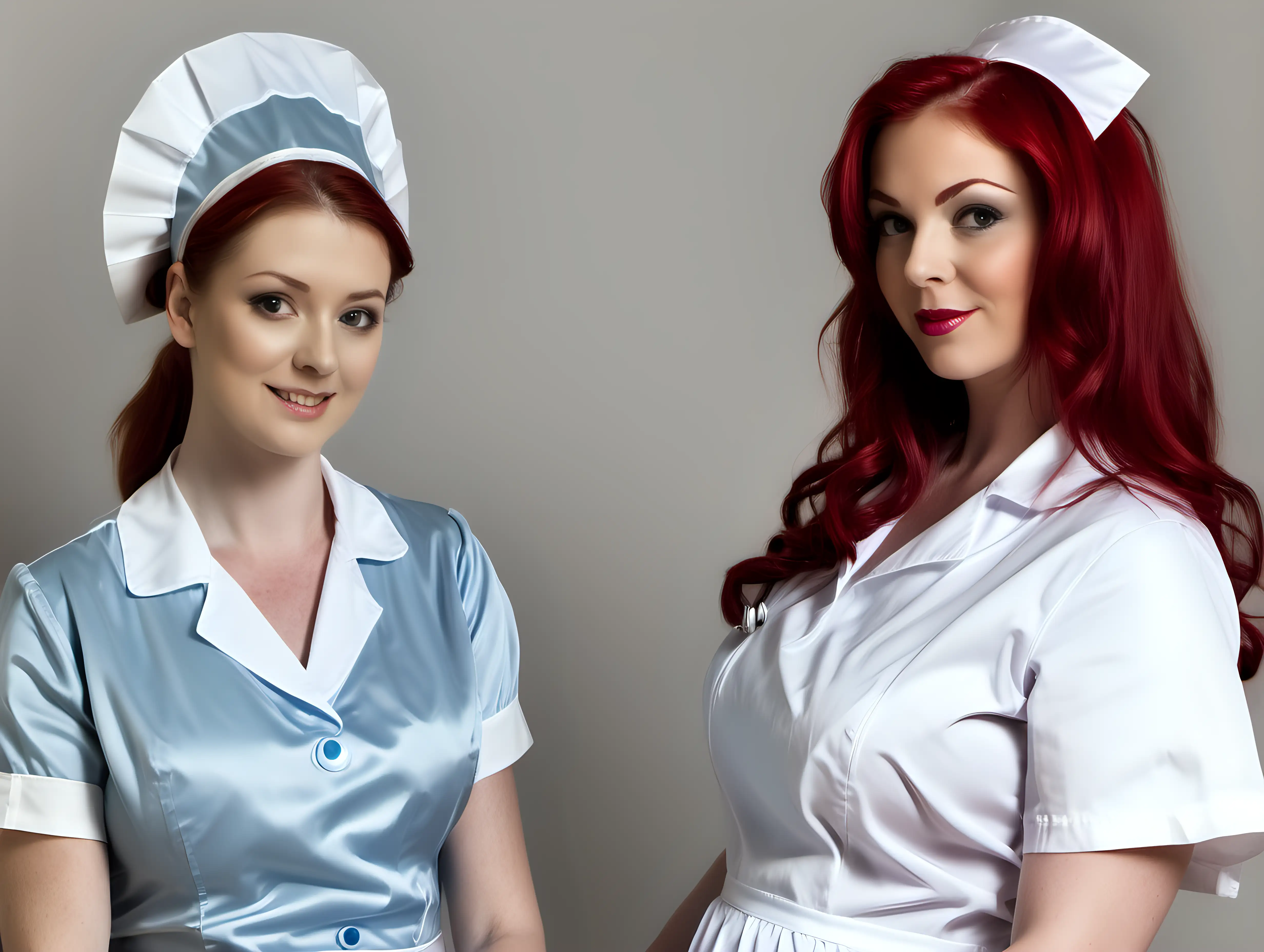 girl in long satin nurse uniforms and mothers red hair