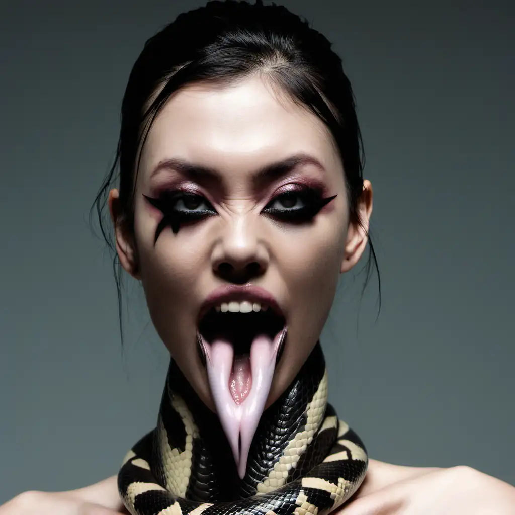 a model with snake eyes and split long tongue wrapped around her neck