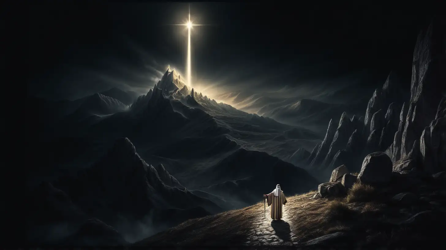 prophet Melchizedek's, 8k image, ancient biblical history, dark black background, mountains,  divine light