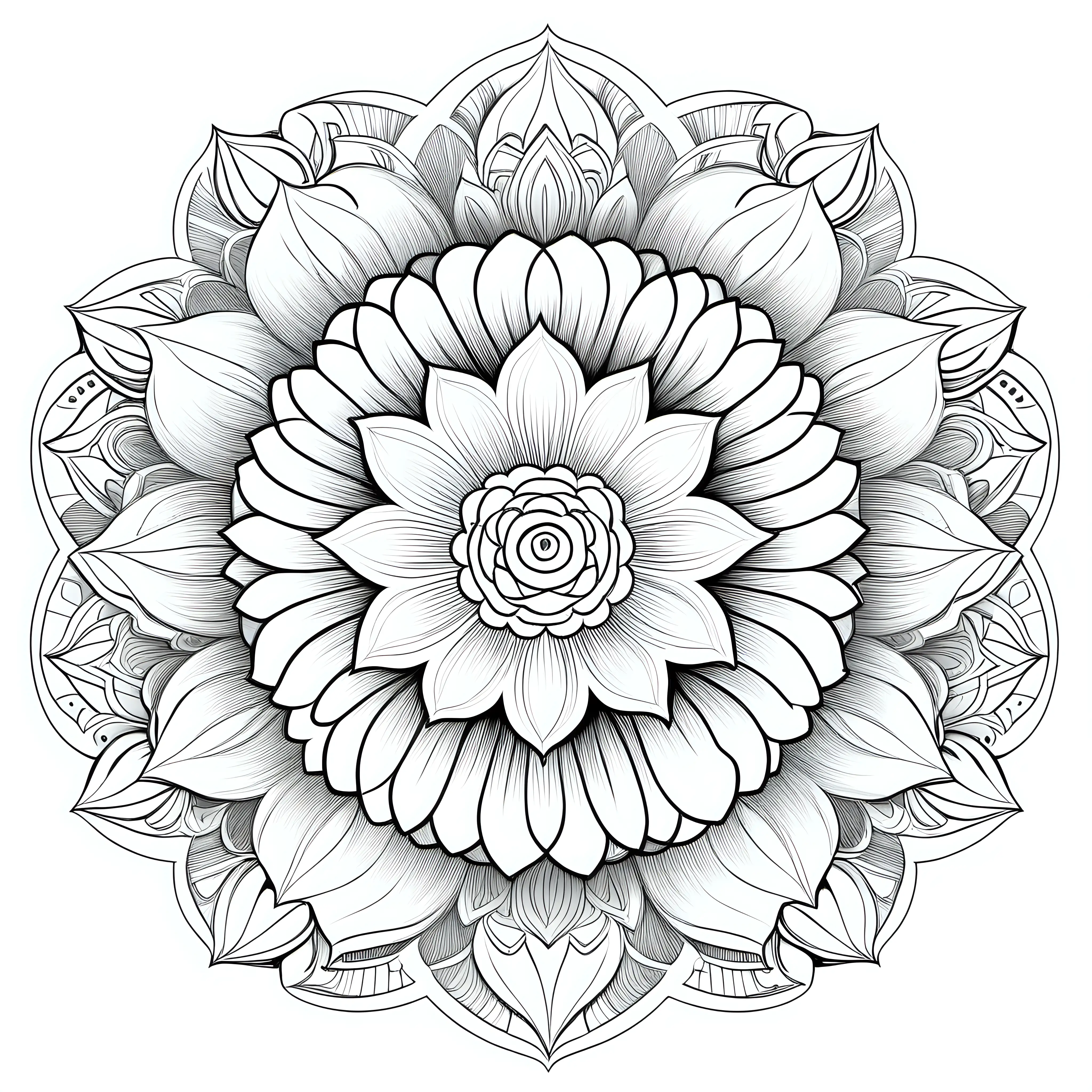 Floral Mandala Coloring Design with Intricate Petals and Symmetry