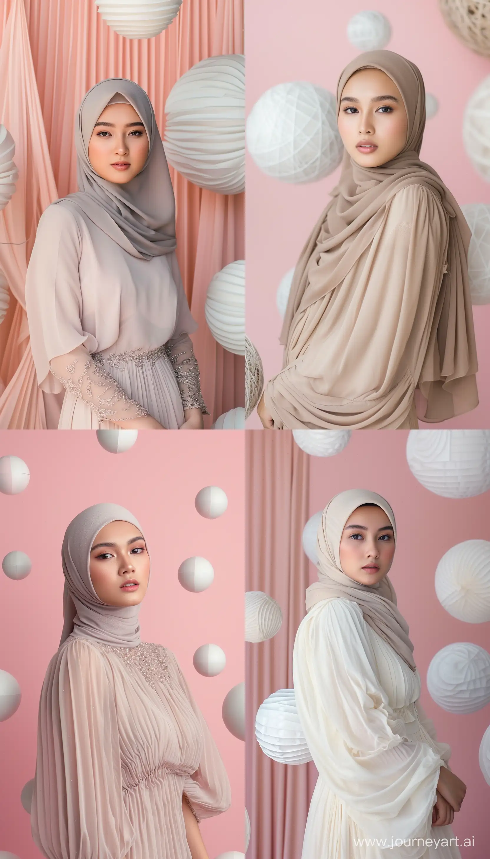 Graceful-Indonesian-Woman-in-Elegant-Hijab-Dress-Amidst-Divided-Spheres
