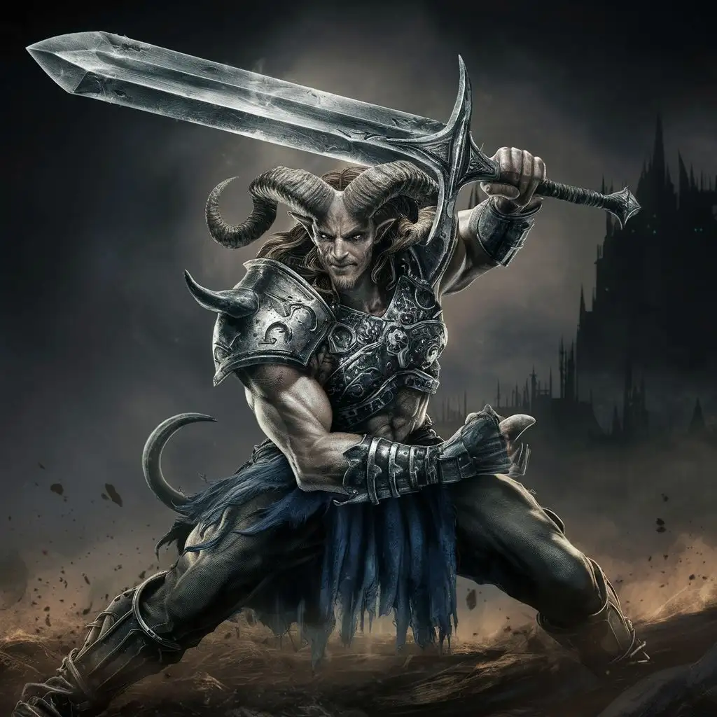 Male Tiefling warrior, fighting stance holding two handed sword, full body, metal chestplate