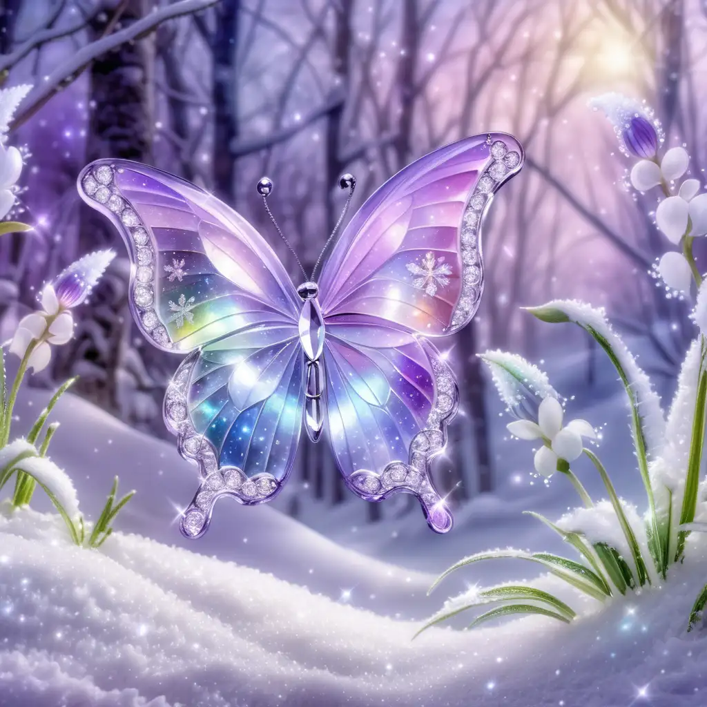 Iridescent Crystal Butterfly in Enchanting Snowy Scene with Glittering Snow Drop Flowers
