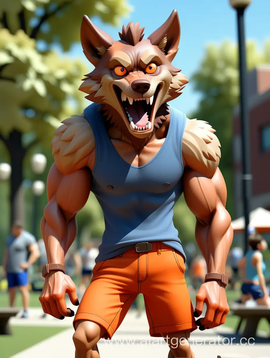 Антропоморфный коричневый волк, забавный, мускулистый, оранжевая майка без рукавов, синие шорты, городской парк, ясная погода 