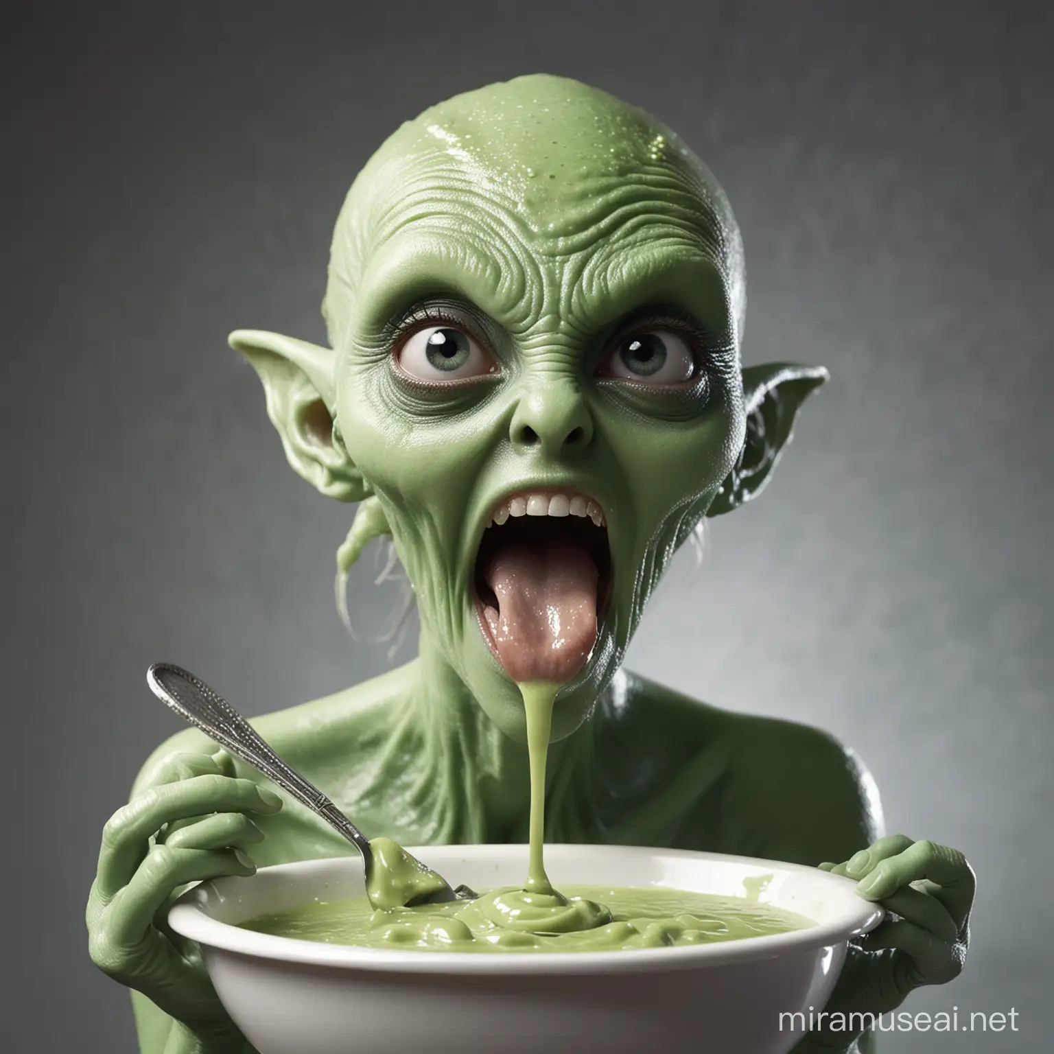 Adorable Alien About to Devour Goo with Open Mouth