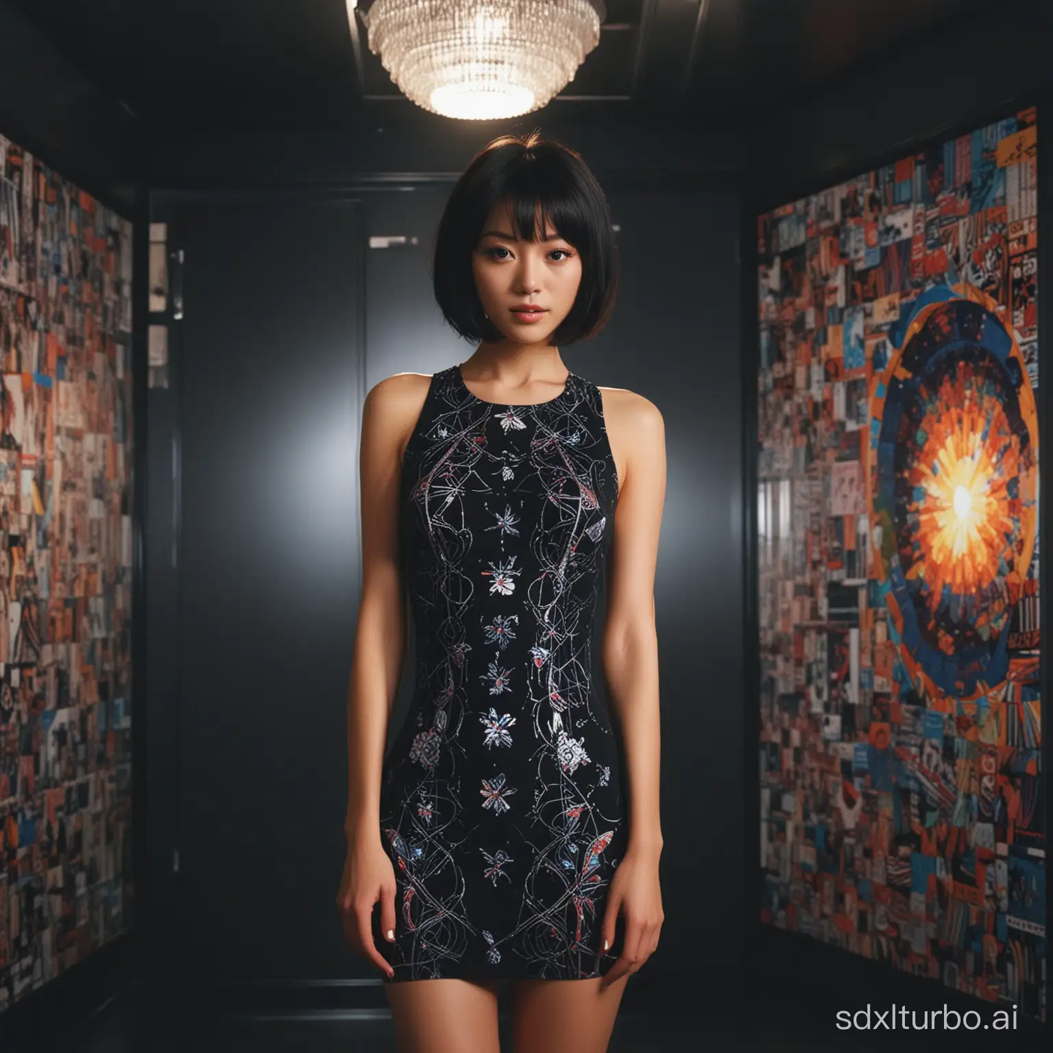 90’s Japanese film poster style, (masterpiece),(Satomi) , perfect anatomy, ((modern fashion one-piece dress)), dim light, muted color, (ultra detailed background of modern psychedelic interior in a dark black room) ,(short hair),Sexy,girl,perfect,Enhance, FUJI, Satomi
