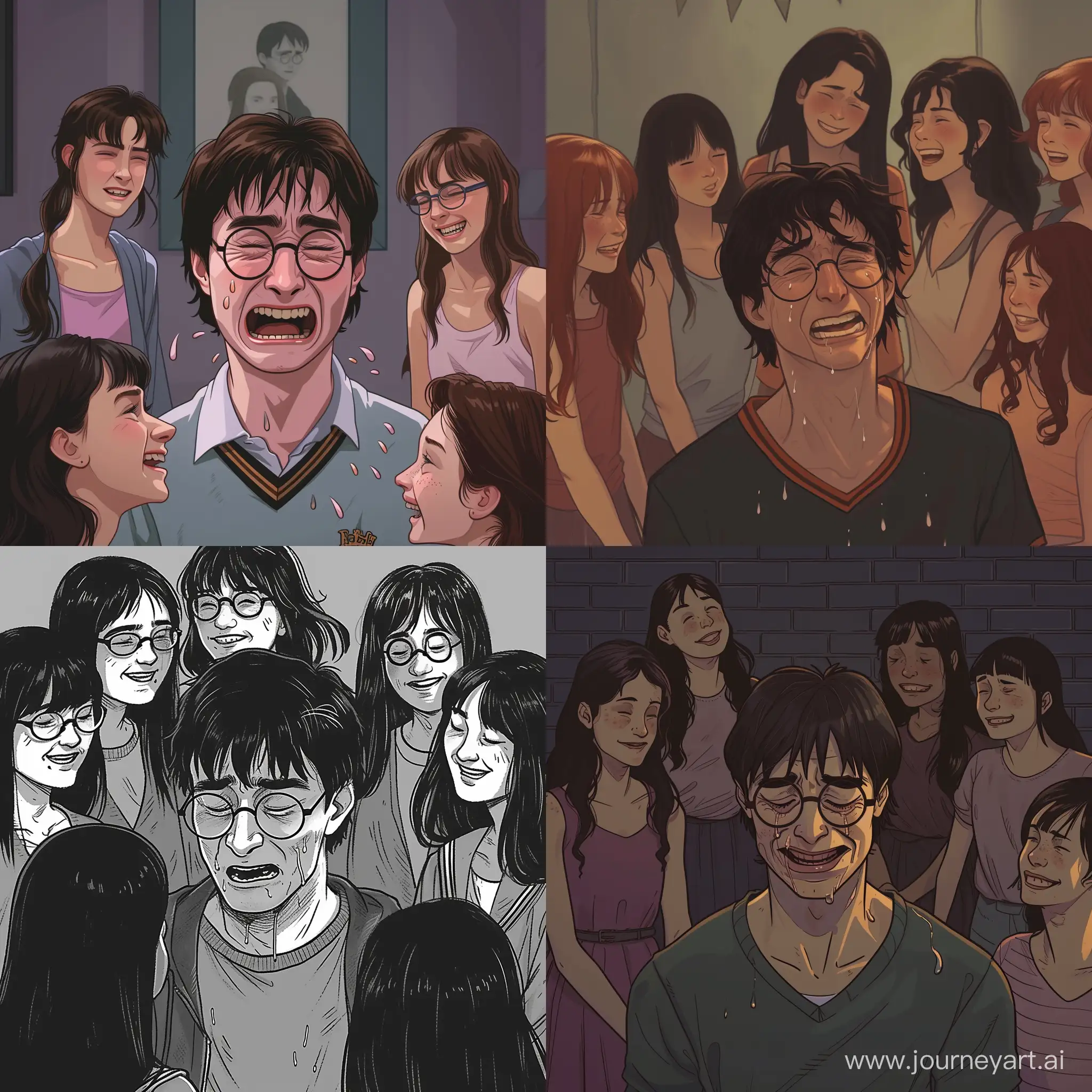 Harry-Potter-Crying-Surrounded-by-Laughing-Girls