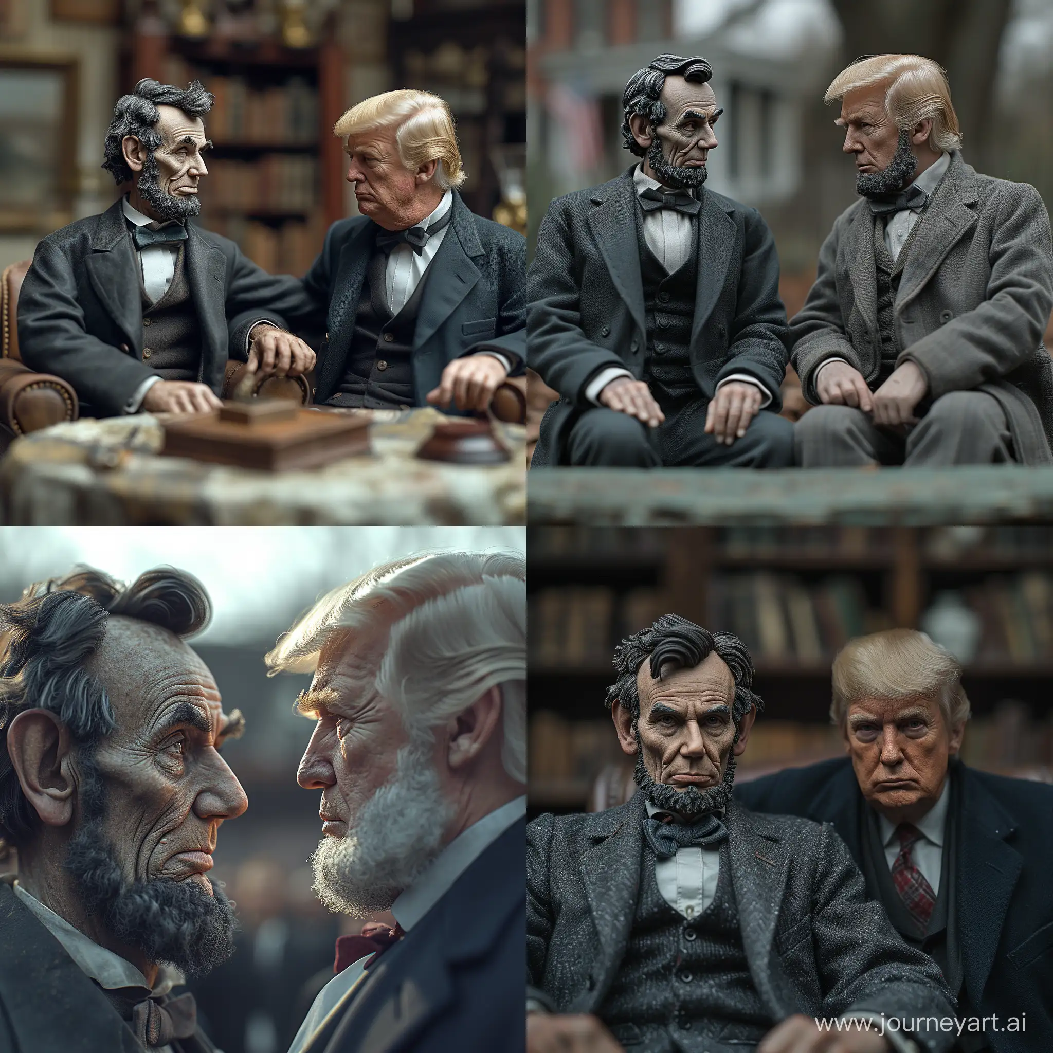 A full body realistic  Abraham Lincoln angrily rebukes   Donald Trump while they are ashamed . with blur in the background, accuracy, focus, and very details skin, --stylize 750 --v 6