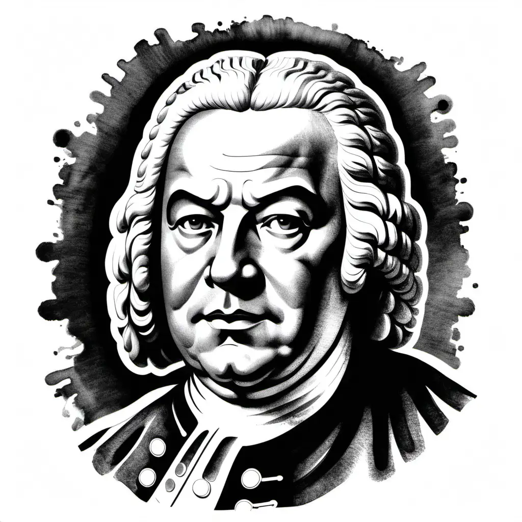 black ink portrait Bach head and shoulders on white background

