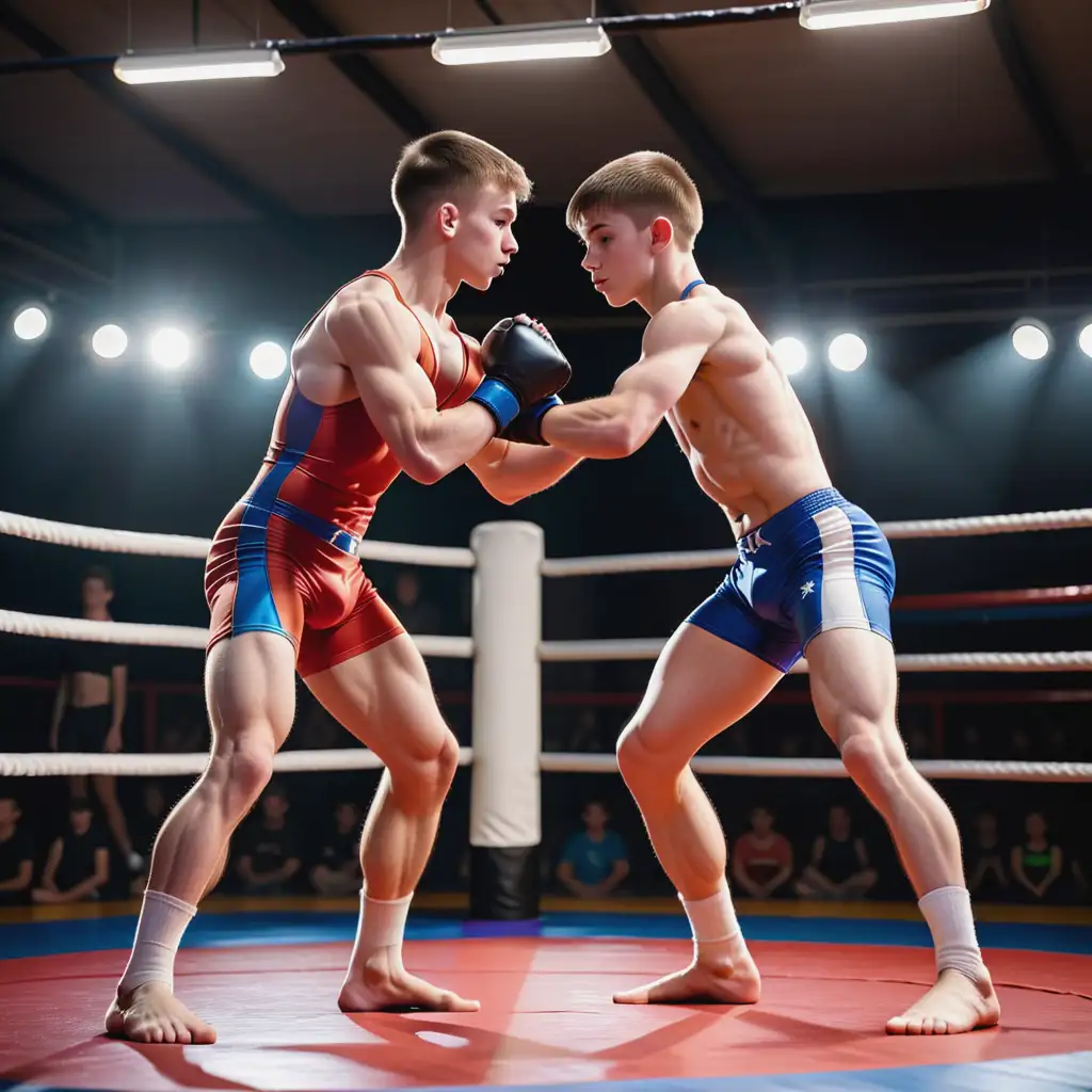 teen male gymnasts fighting MMA on a wrestling mat