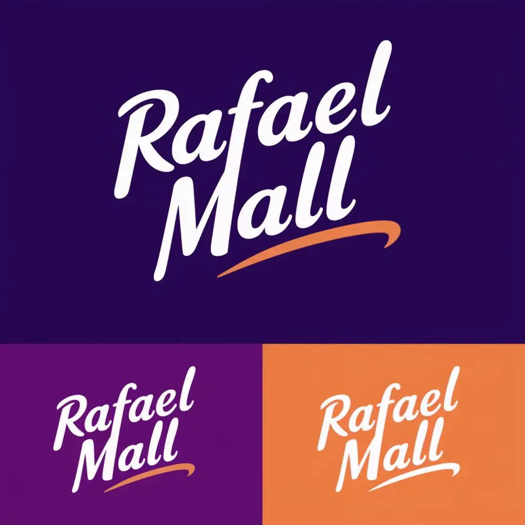 logo, Prompt Logo, Application, with the text "Rafael Mall", typography, for use in the Internet industry. Make it with purple background and for the last one use white and orange color., with the text "Rafael Mall", typography