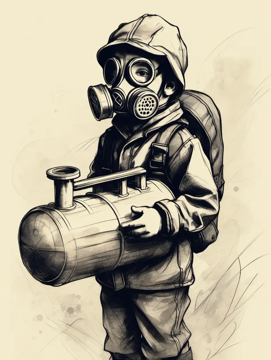 Little boy with Gas mask holding a tank toy sketch