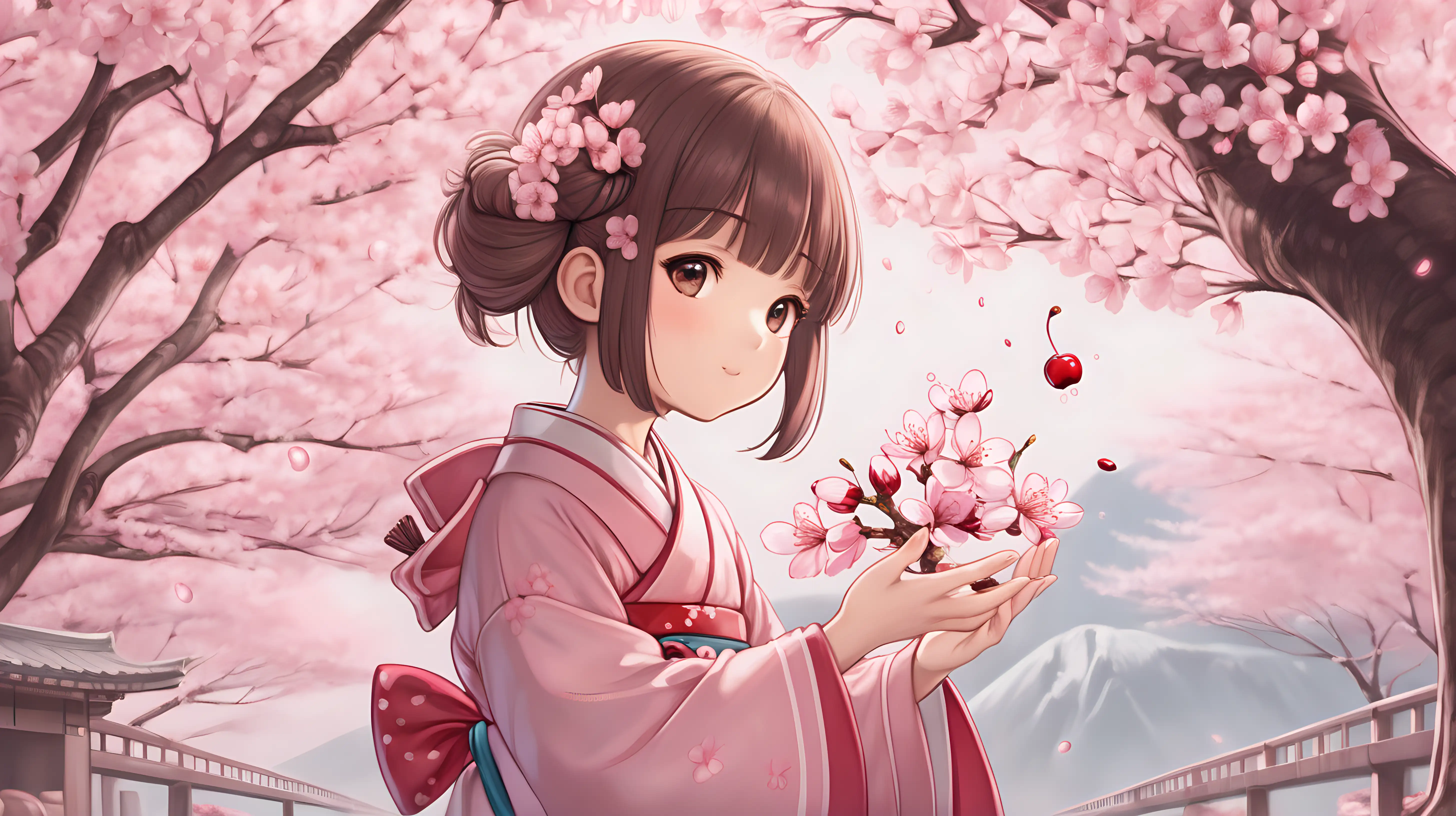 Adorable Character Presenting Girl with Blooming Cherry Blossom