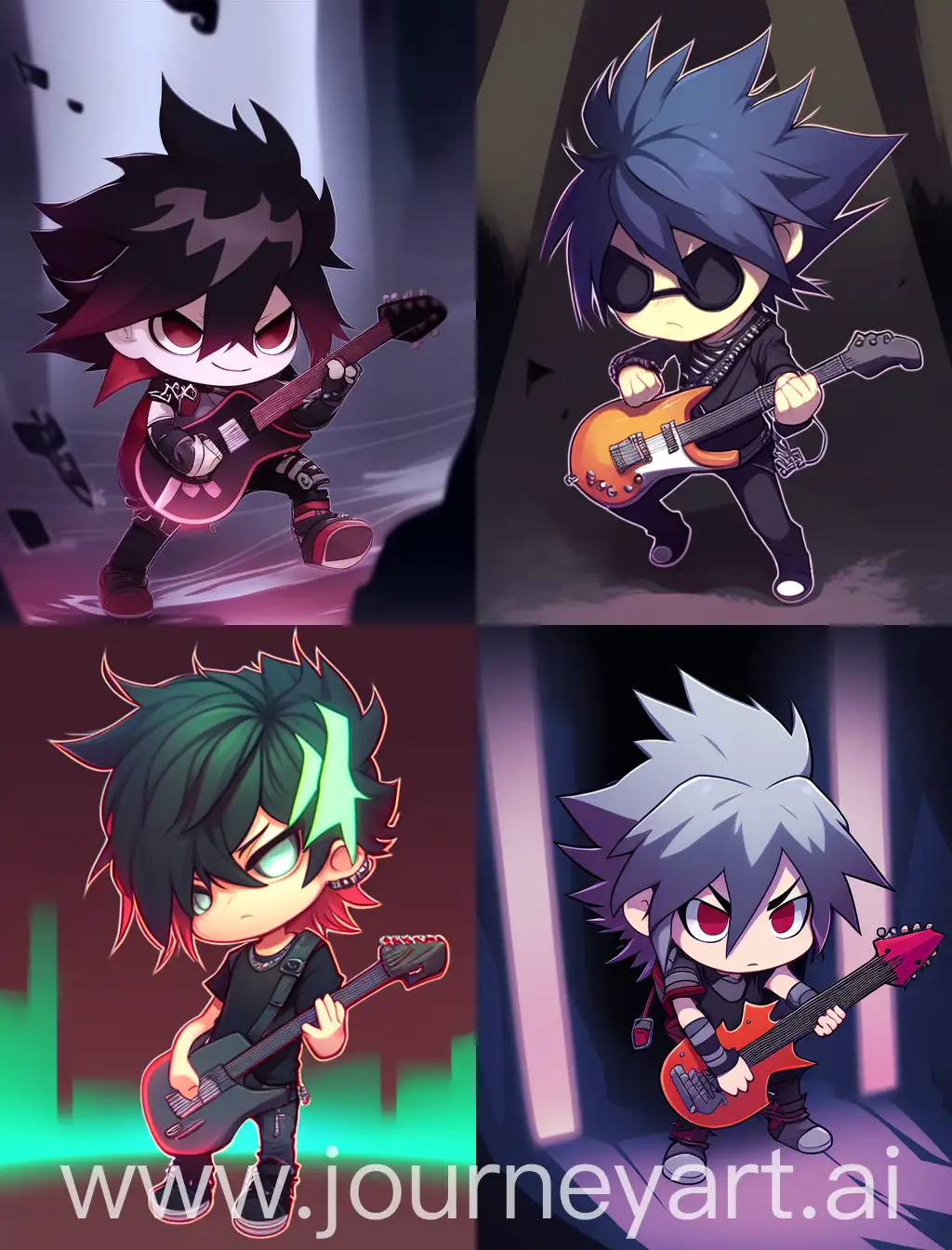 chibi emo guy playing guitar, cartoon anime style, strong lines, spooky background