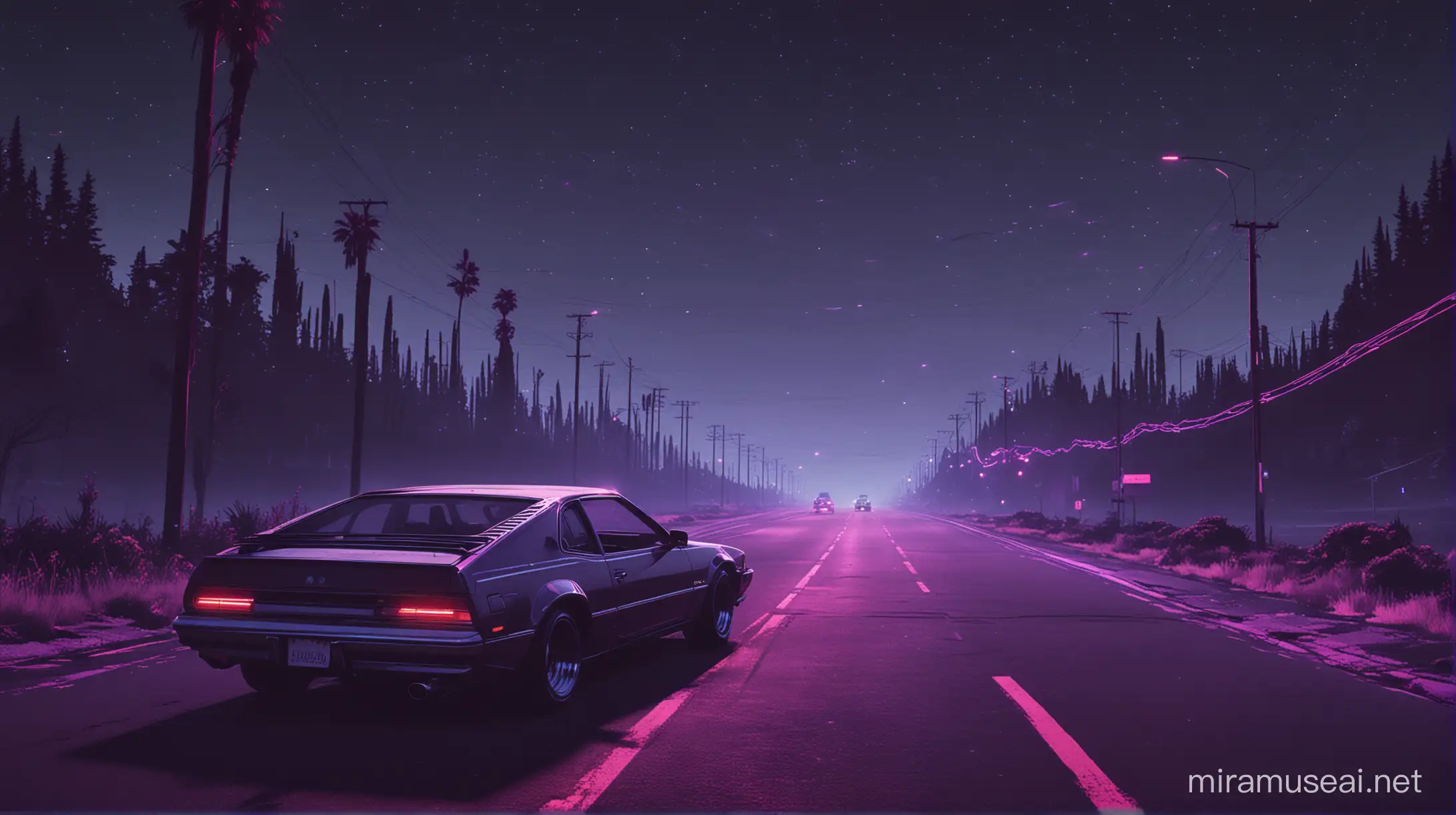 Synthwave Car Driving Through Abandoned City at Night